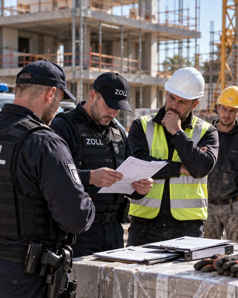 Zollkontrolle auf der Baustelle – KI-generiertes Bild